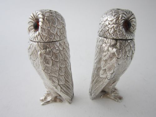 ELIZABETH II STERLING SILVER OWL SALT PEPPER SHAKERS 1964 - ADDITIONAL PHOTO 5