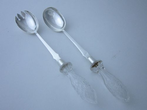 CHESTER ANTIQUE EDWARDIAN STERLING SILVER GLASS RAT TAIL SALAD SERVERS 1903