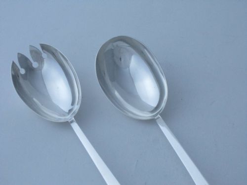 CHESTER ANTIQUE EDWARDIAN STERLING SILVER GLASS RAT TAIL SALAD SERVERS 1903 - ADDITIONAL PHOTO 1