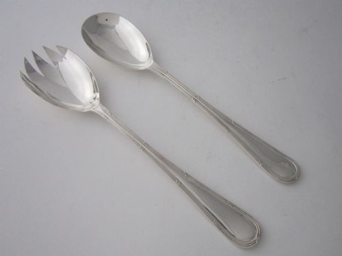 ANTIQUE GEORGE V STERLING SILVER RIBBON REED SALAD SERVERS 1915