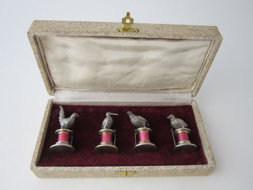 ANTIQUE STERLING SILVER ENAMEL MENUPLACE CARD HOLDERS 1909