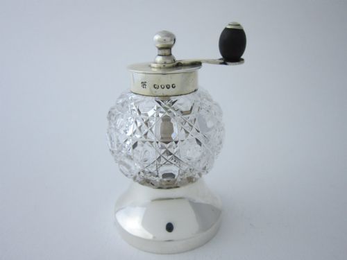 Antique Victorian Sterling Silver & Glass Pepper Grinder - 1887