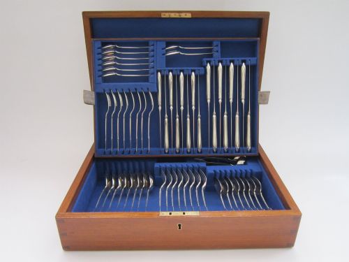 Antique Victorian Sterling Silver Canteen of Fiddle Pattern Cutlery Set for 8 Persons