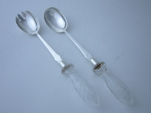 Chester Antique Edwardian Rat Tail Sterling Silver & Glass Salad Servers- 1903