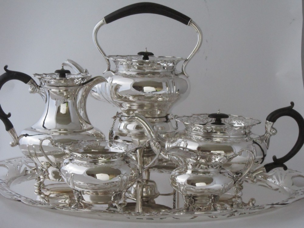 Antique George V Sterling silver 5 piece tea set on tray
