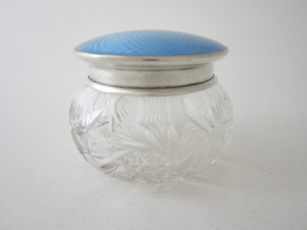 Antique George V Sterling silver and enamel glass jar View II