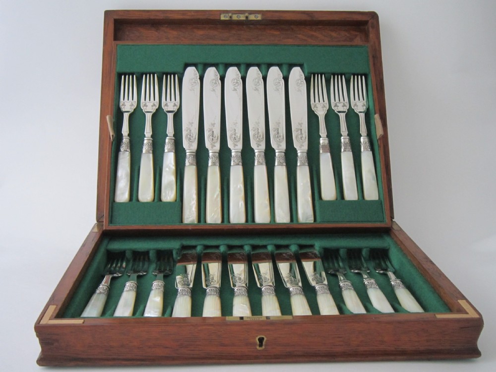 Antique Edwardian Sterling silver and Mother of Pearl fish cutlery set