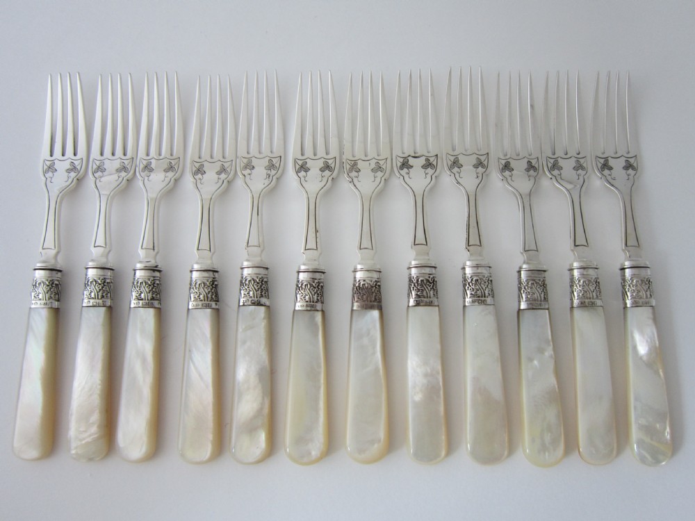 Antique Edwardian Sterling silver and Mother of Pearl fish cutlery set View IV