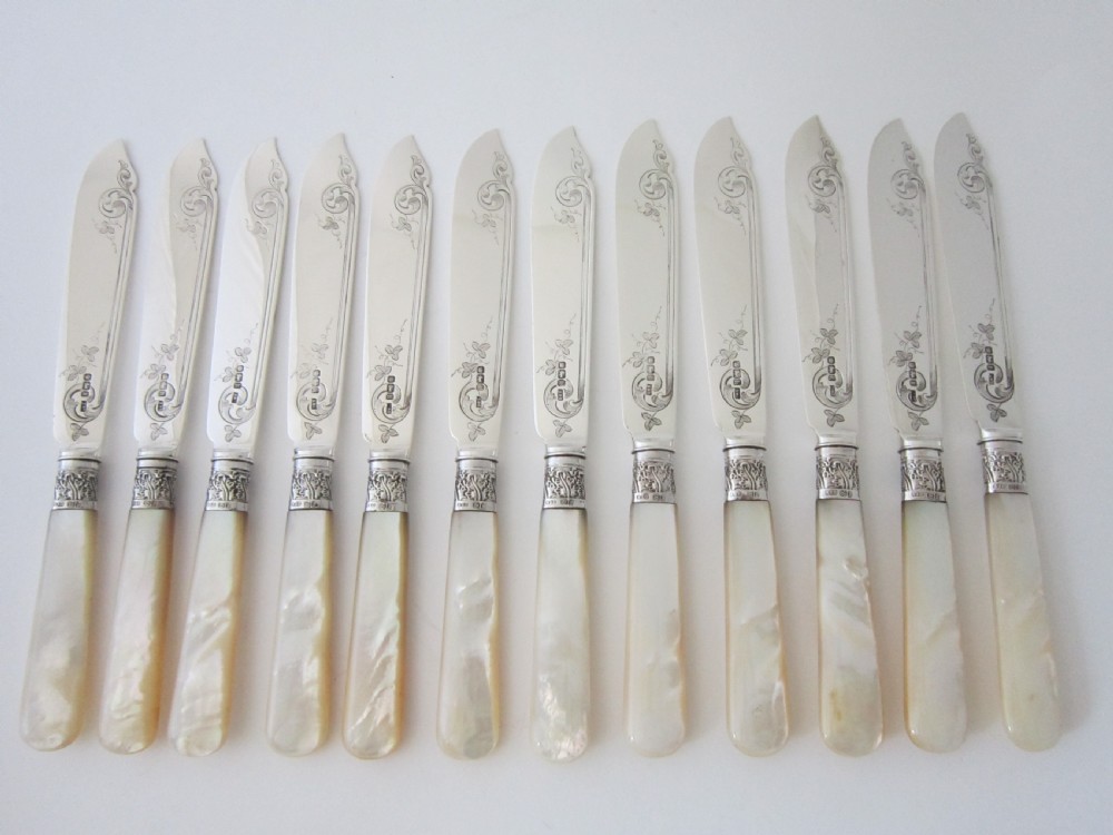 Antique Edwardian Sterling silver and Mother of Pearl fish cutlery set View V