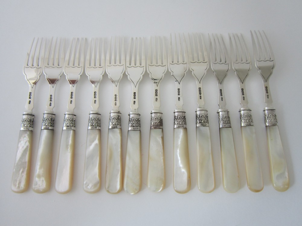 Antique Edwardian Sterling silver and Mother of Pearl fish cutlery set View VI