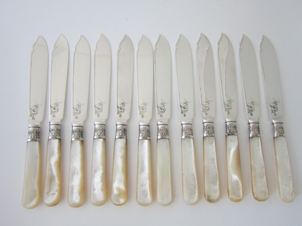 Antique Edwardian Sterling silver and Mother of Pearl fish cutlery set View VII