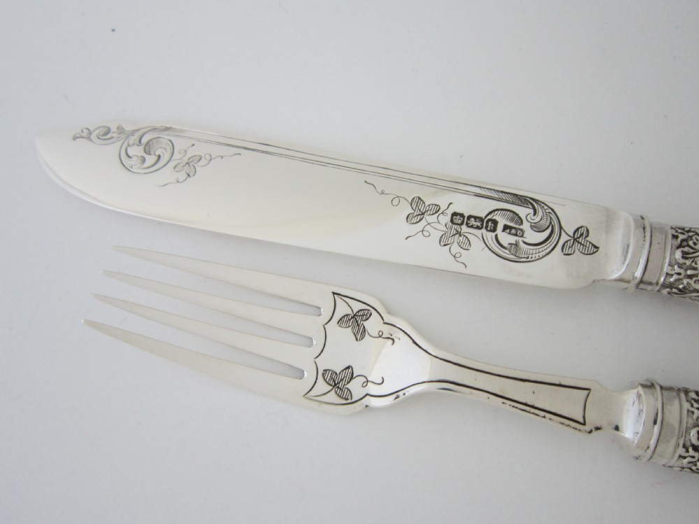 Antique Edwardian Sterling silver and Mother of Pearl fish cutlery set View X