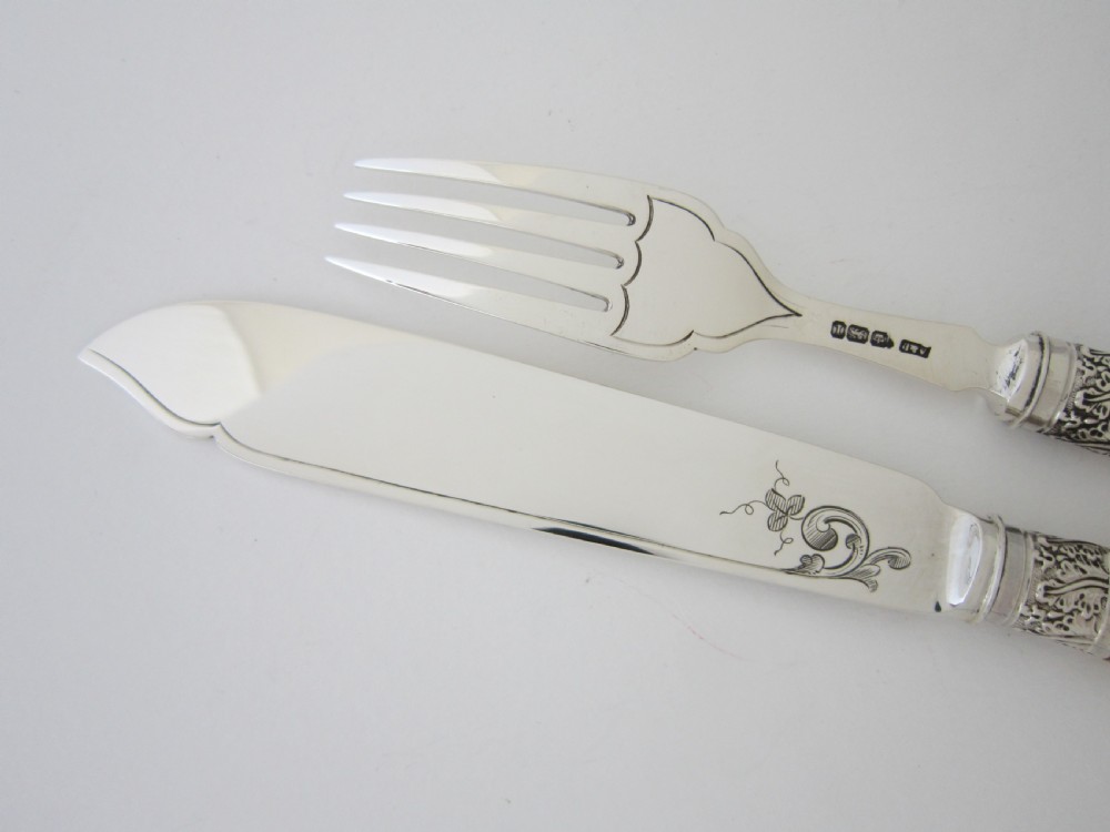Antique Edwardian Sterling silver and Mother of Pearl fish cutlery set View XI