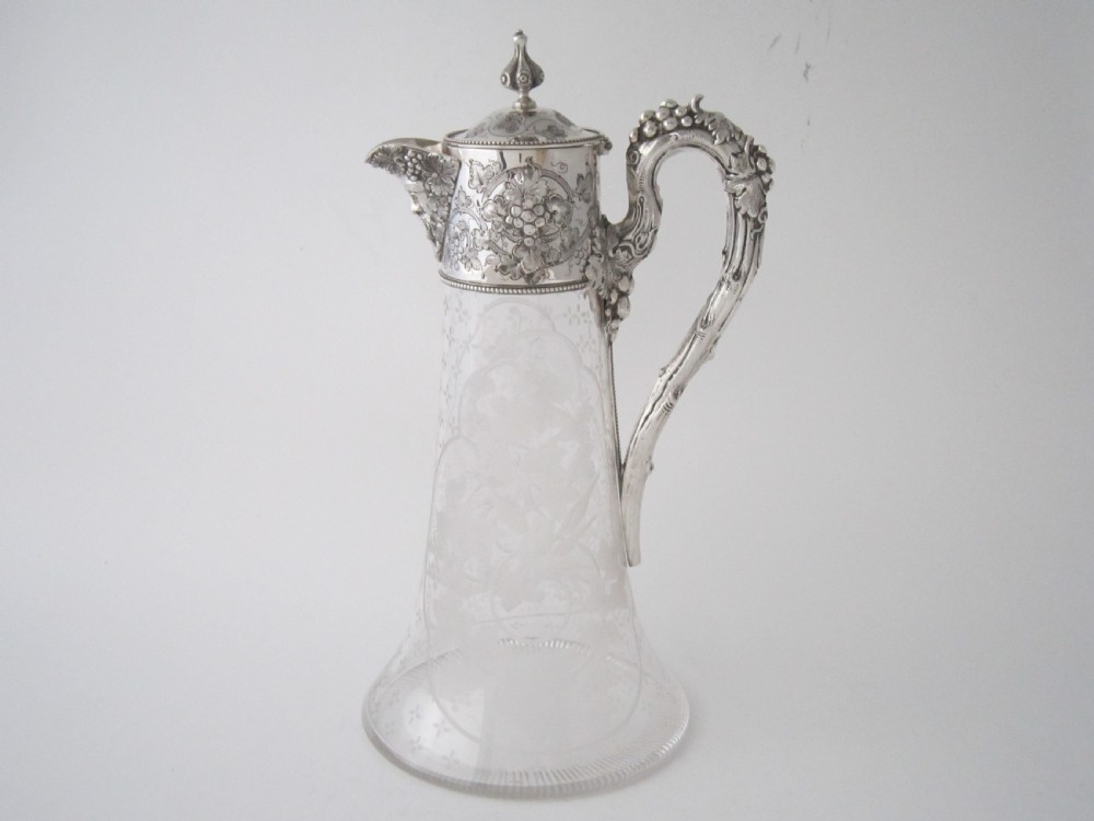 Antique Victorian Sterling silver and etched glass claret jug