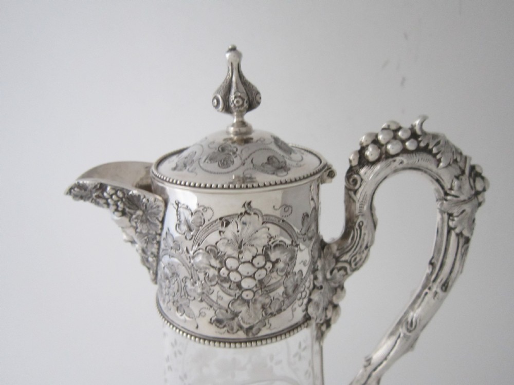 Antique Victorian Sterling silver and etched glass claret jug View II