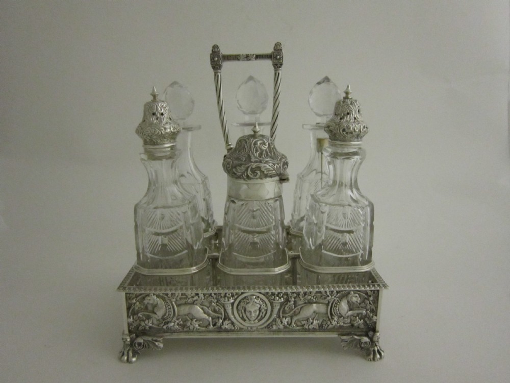 Antique Victorian Sterling Silver & Glass Six-bottled Cruet Stand