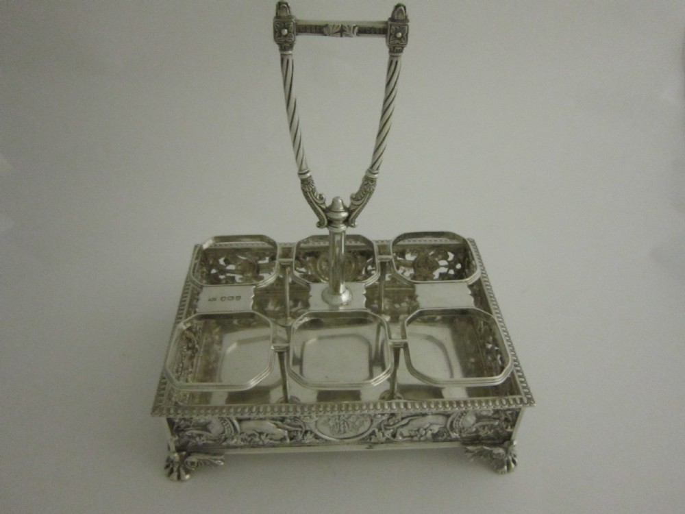 Antique Victorian Sterling Silver & Glass Six-bottled Cruet Stand View II