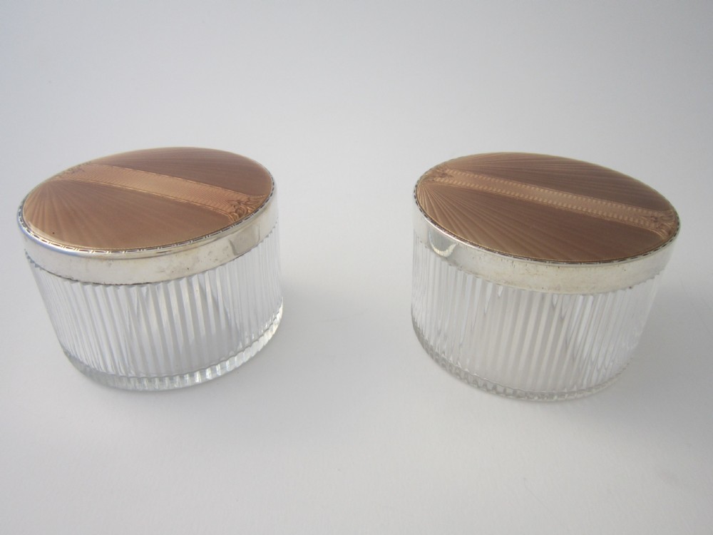 Antique George V Sterling silver and enamel glass jars