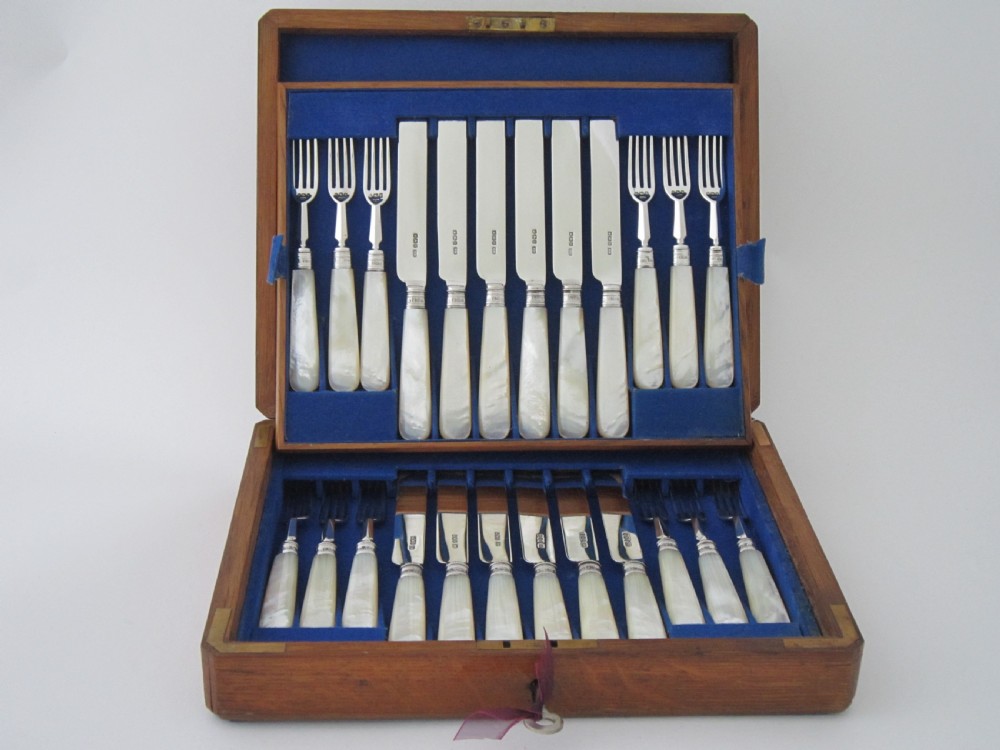 Antique Victorian Sterling Silver & Mother of Pearl Dessert Cutlery Set