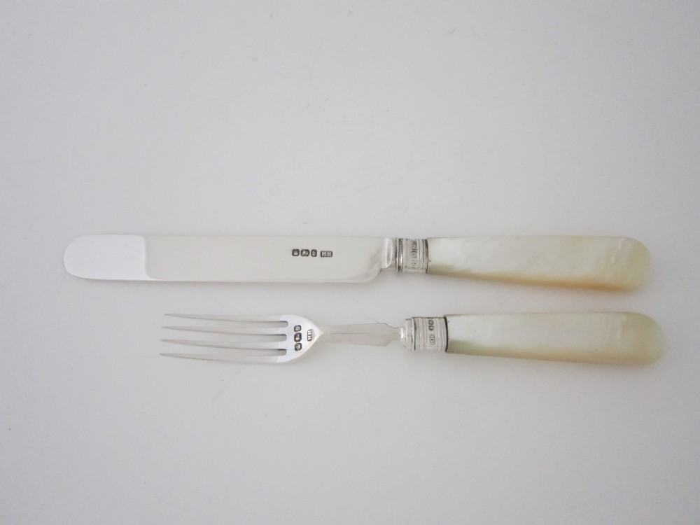 Antique Victorian Sterling Silver & Mother of Pearl Dessert Cutlery Set View III