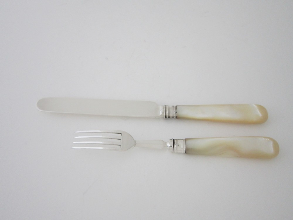 Antique Victorian Sterling Silver & Mother of Pearl Dessert Cutlery Set View IV