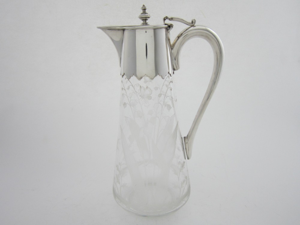 Antique Victorian Sterling Silver & Etched Glass Claret Jug View II