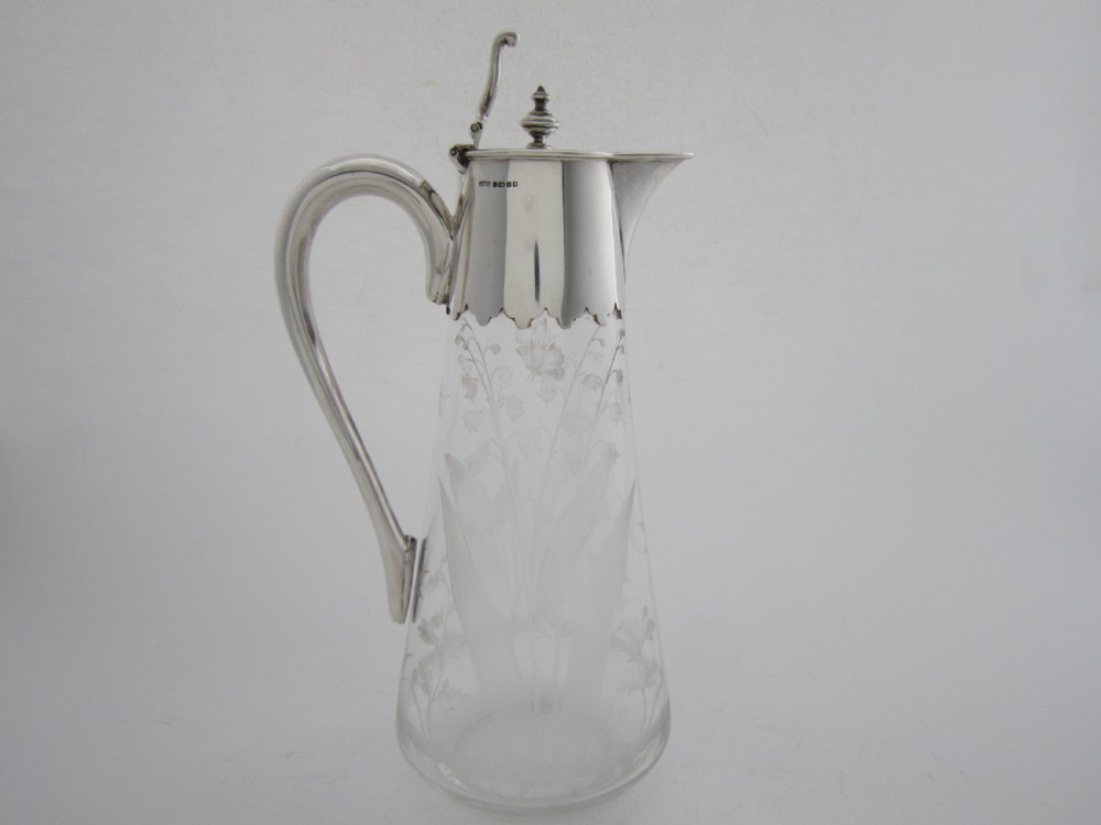 Antique Victorian Sterling Silver & Etched Glass Claret Jug View VII