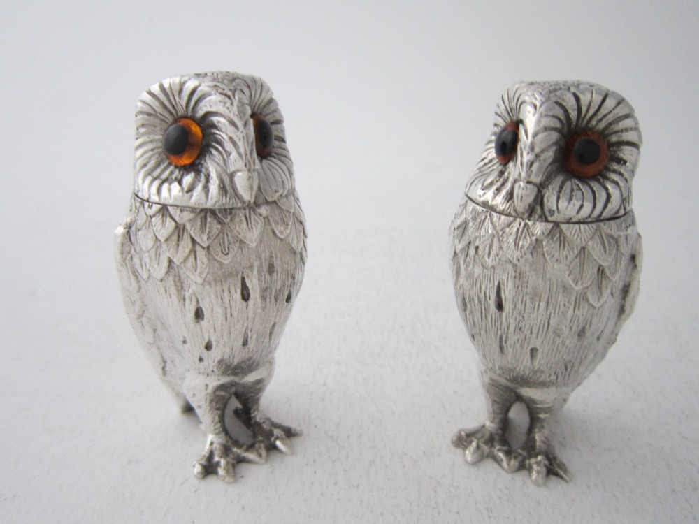 Elizabeth II Sterling Silver Owl Salt & Pepper Shakers - 1958