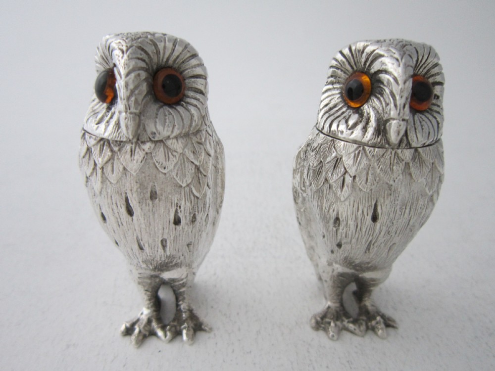 Elizabeth II Sterling Silver Owl Salt & Pepper Shakers - 1958 View II