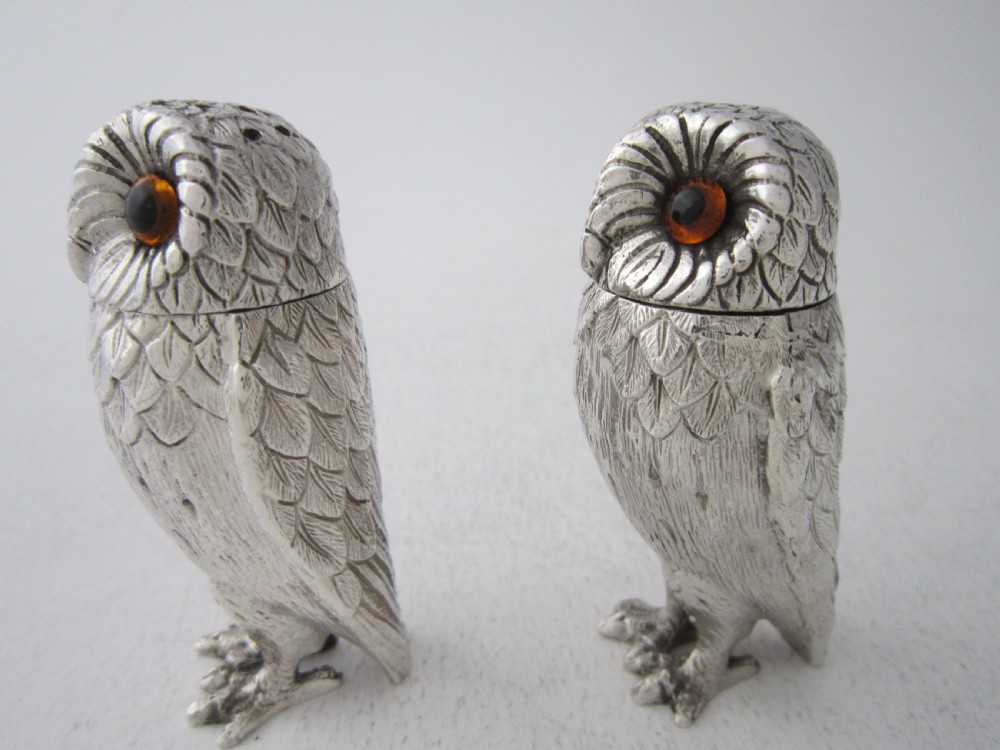 Elizabeth II Sterling Silver Owl Salt & Pepper Shakers - 1958 View III
