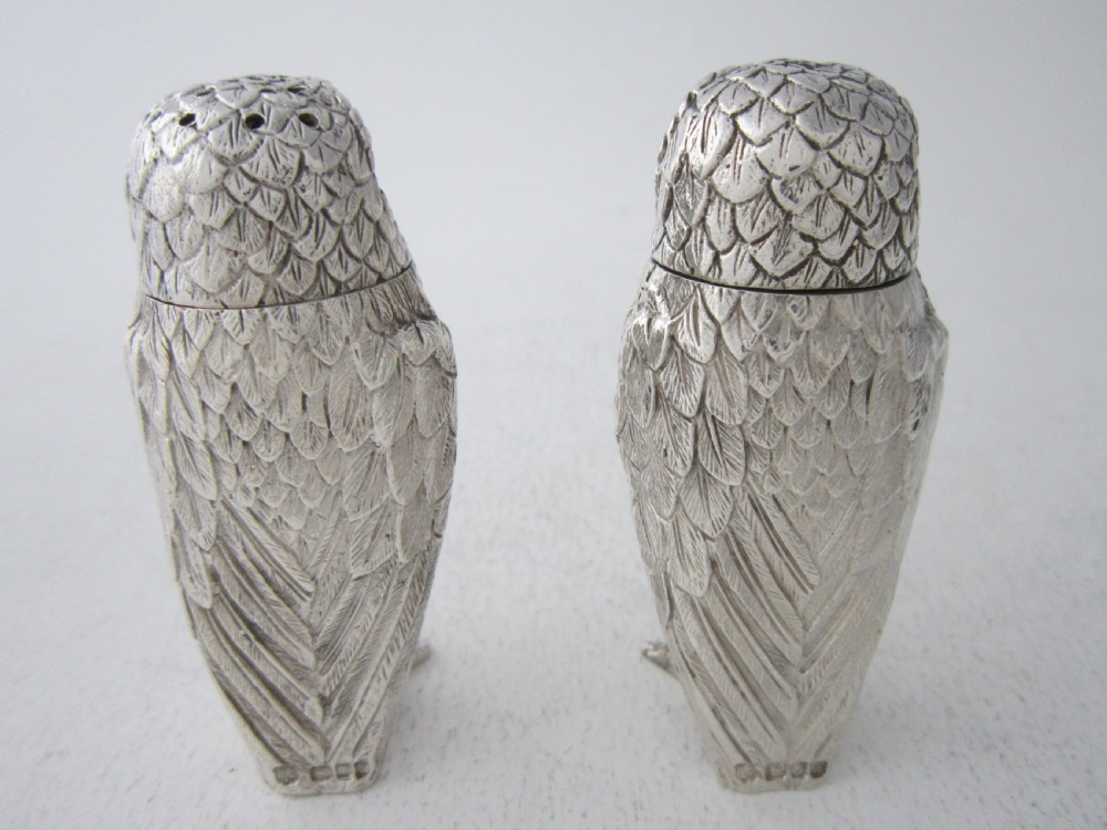 Elizabeth II Sterling Silver Owl Salt & Pepper Shakers - 1958 View IV