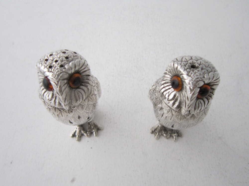 Elizabeth II Sterling Silver Owl Salt & Pepper Shakers - 1958 View V