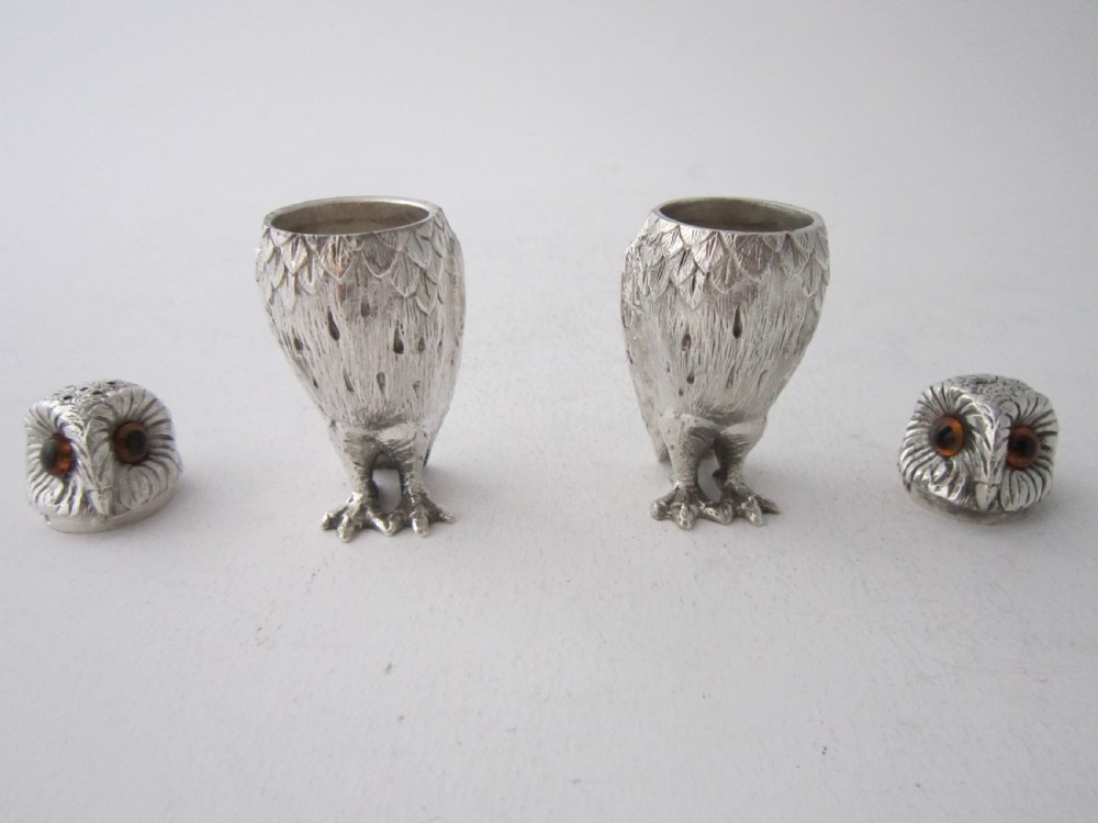 Elizabeth II Sterling Silver Owl Salt & Pepper Shakers - 1958 View VIII