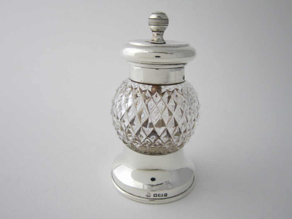 Antique Edwardian Sterling Silver & Glass Pepper Grinder - 1910