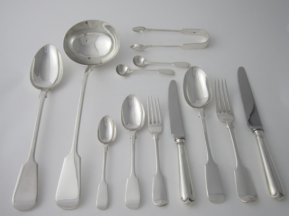 Antique Victorian Sterling Silver Fiddle Pattern Canteen of Cutlery for 12 persons - 1872