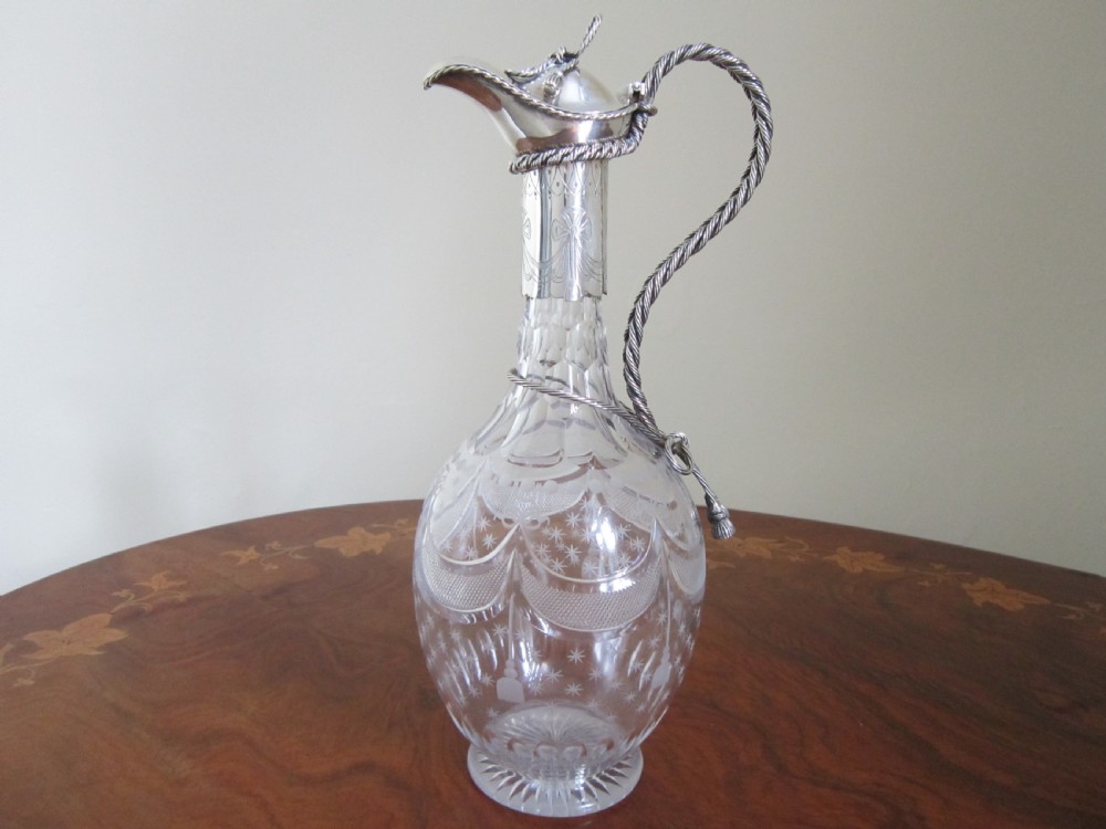 Antique Victorian Sterling Silver & Glass Claret Jug - 1868