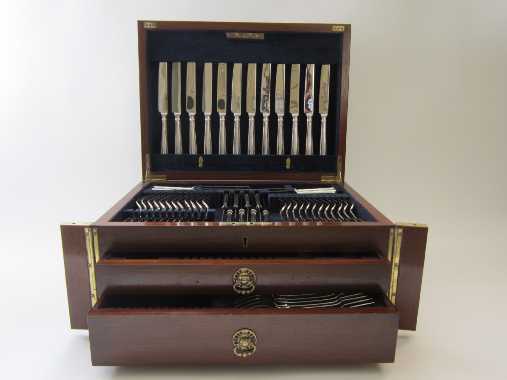 Antique Victorian Sterling Silver Canteen of Fiddle Pattern Cutlery for 12 Persons 
