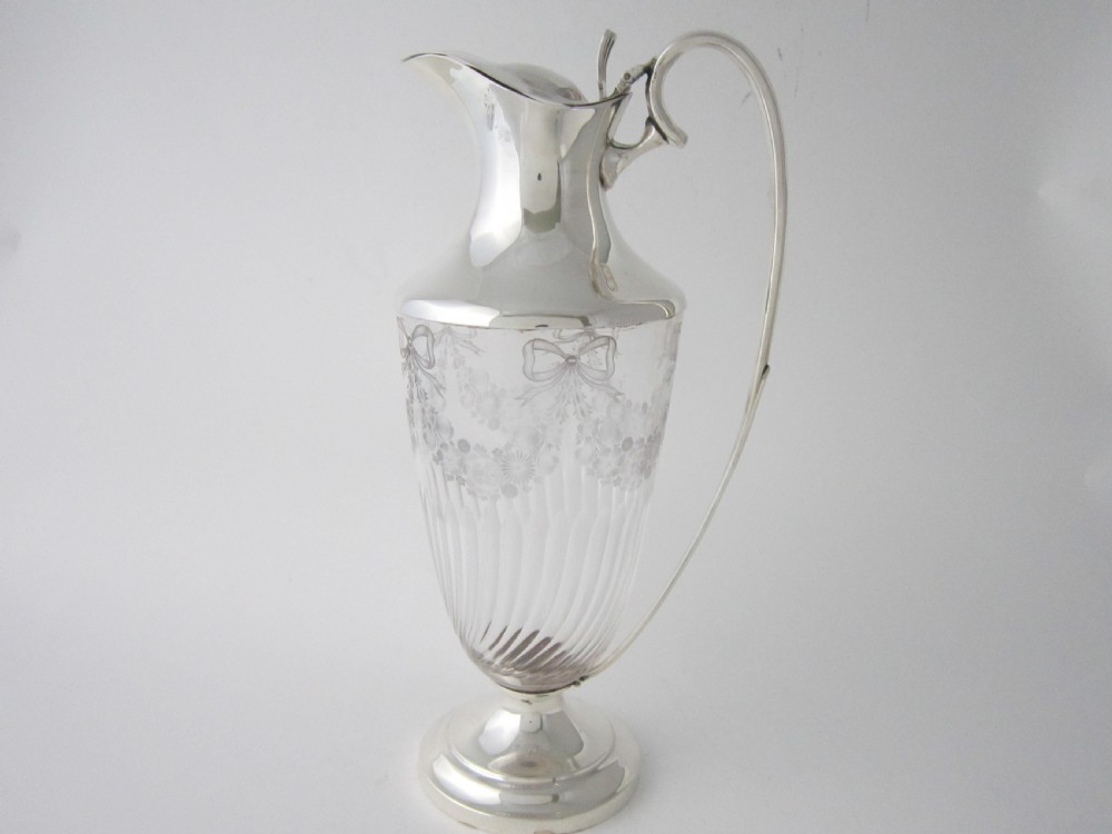 Antique Edwardian Sterling Silver & Etched Glass Claret Jug - 1902