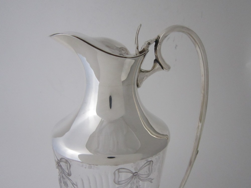 Antique Edwardian Sterling Silver & Etched Glass Claret Jug - 1902 View II