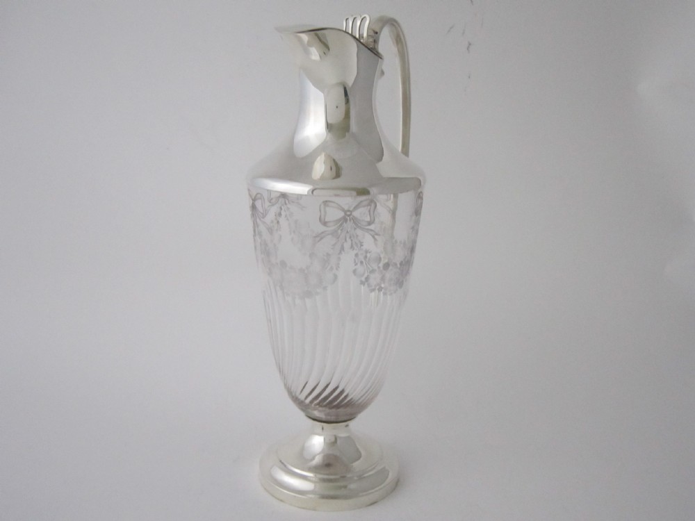 Antique Edwardian Sterling Silver & Etched Glass Claret Jug - 1902 View IV