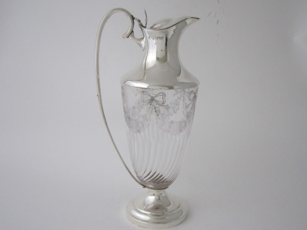 Antique Edwardian Sterling Silver & Etched Glass Claret Jug - 1902 View V