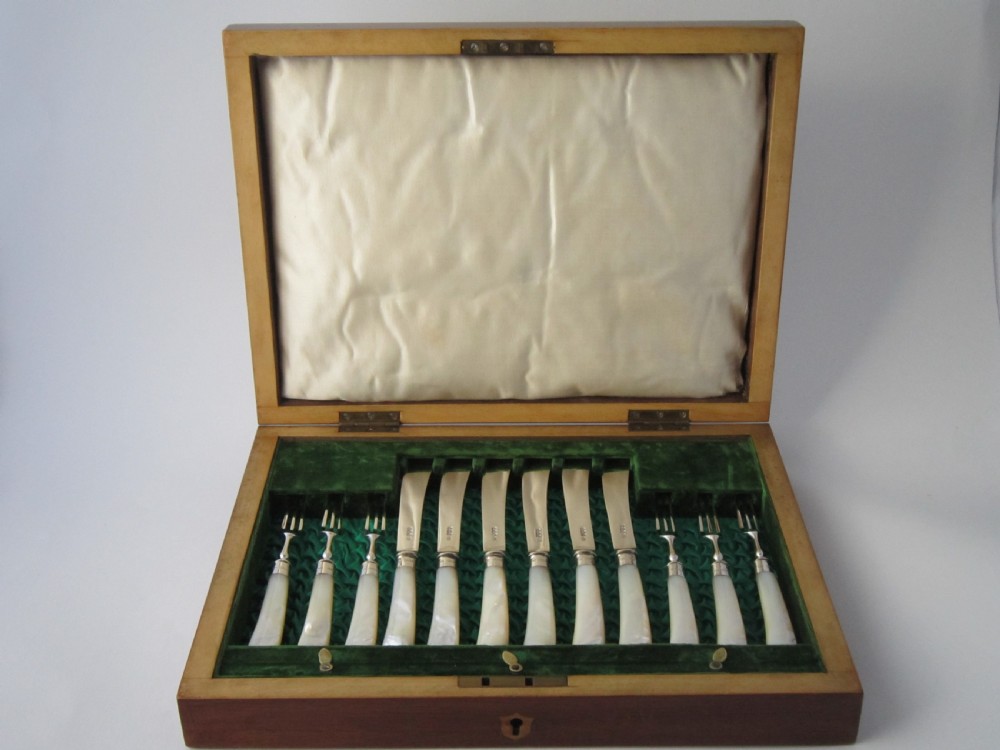 Antique Victorian Sterling Silver & Mother of Pearl Dessert Set - 1900