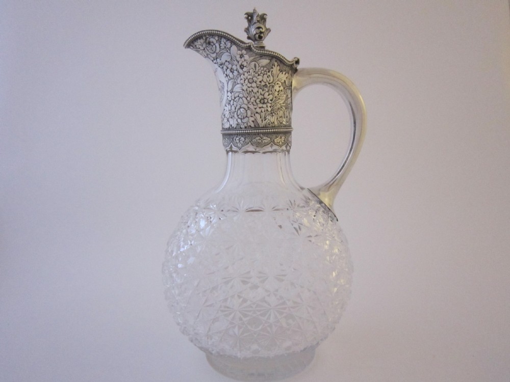 Antique Victorian Sterling Silver & Glass Claret Jug - 1887