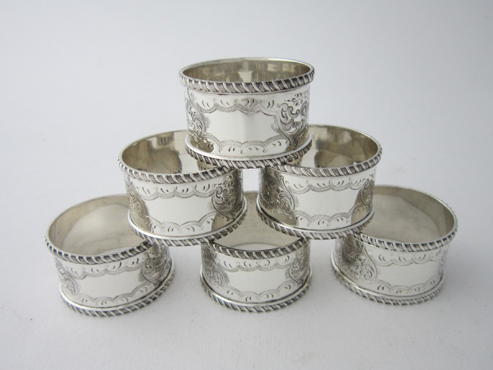 Set of 6 Antique Victorian Sterling Silver Napkin Rings - 1896