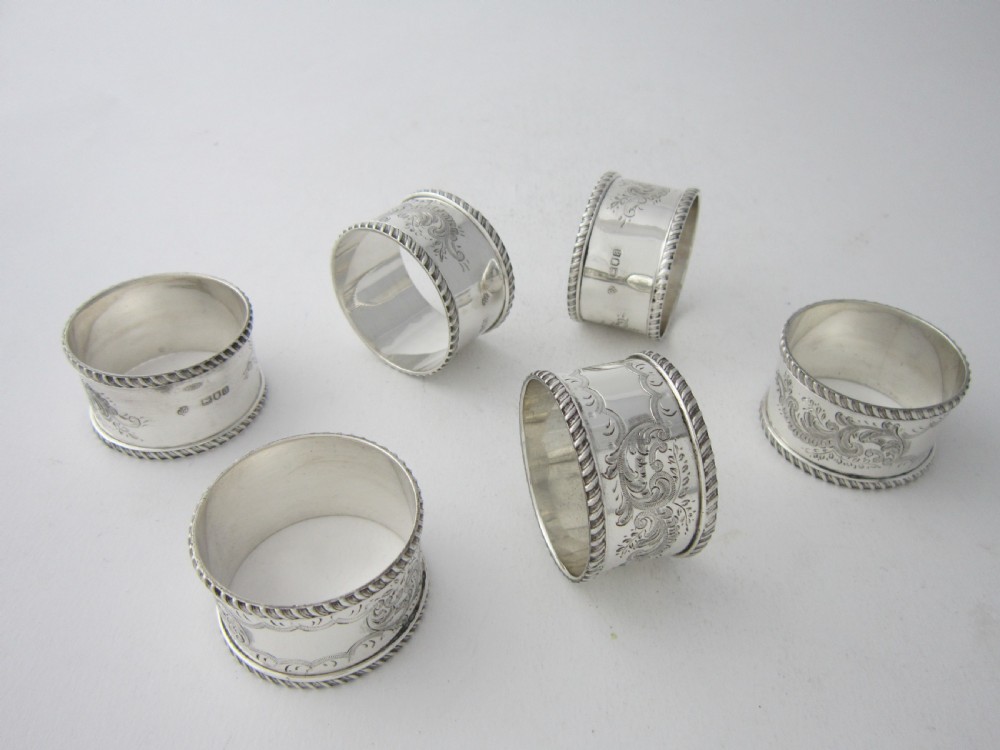Set of 6 Antique Victorian Sterling Silver Napkin Rings - 1896 View II