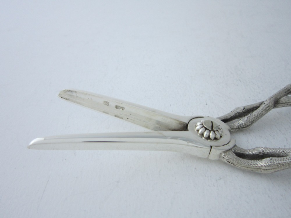 A pair of Victorian sterling silver grape scissors with grapevine-textured handles, resting inside an open fitted presentation case. View VI