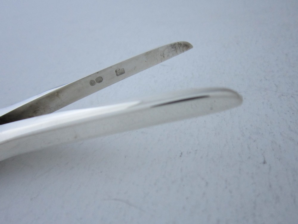 A pair of Victorian sterling silver grape scissors with grapevine-textured handles, resting inside an open fitted presentation case. View IX