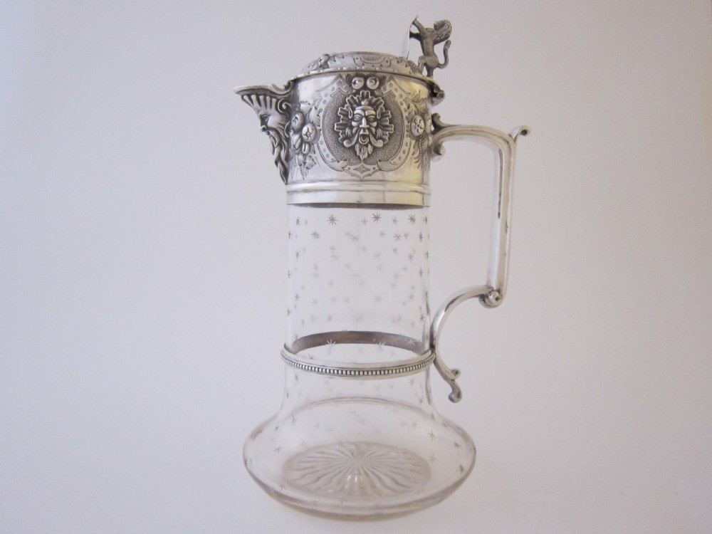 Antique Victorian Sterling Silver & Glass Claret Jug - 1868