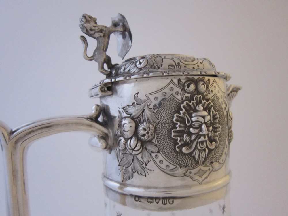 Antique Victorian Sterling Silver & Glass Claret Jug - 1868 View X