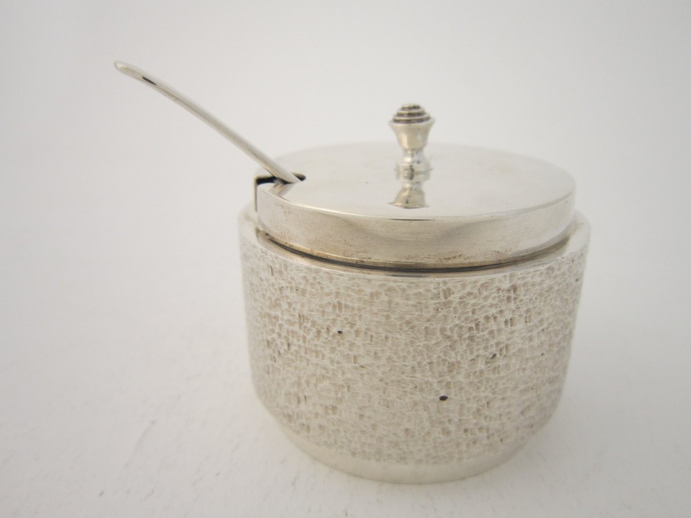 A three-piece sterling silver condiment set with textured bark-effect surfaces including a salt cellar, mustard pot, pepper shaker, and two spoons in a blue fitted case. View V
